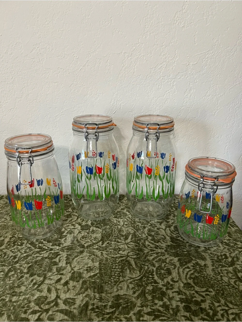 Vintage 1970s ARC France Tulip Floral Glass Canister Jars - Lot of 4
